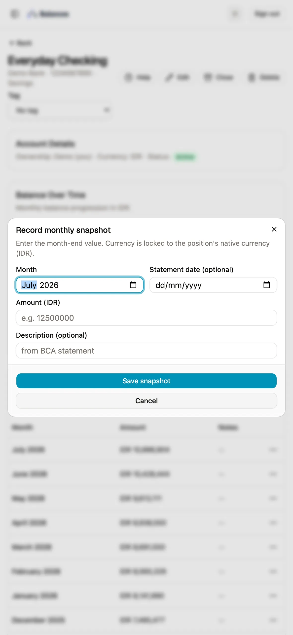 Entering a month-end balance in Balances on a phone